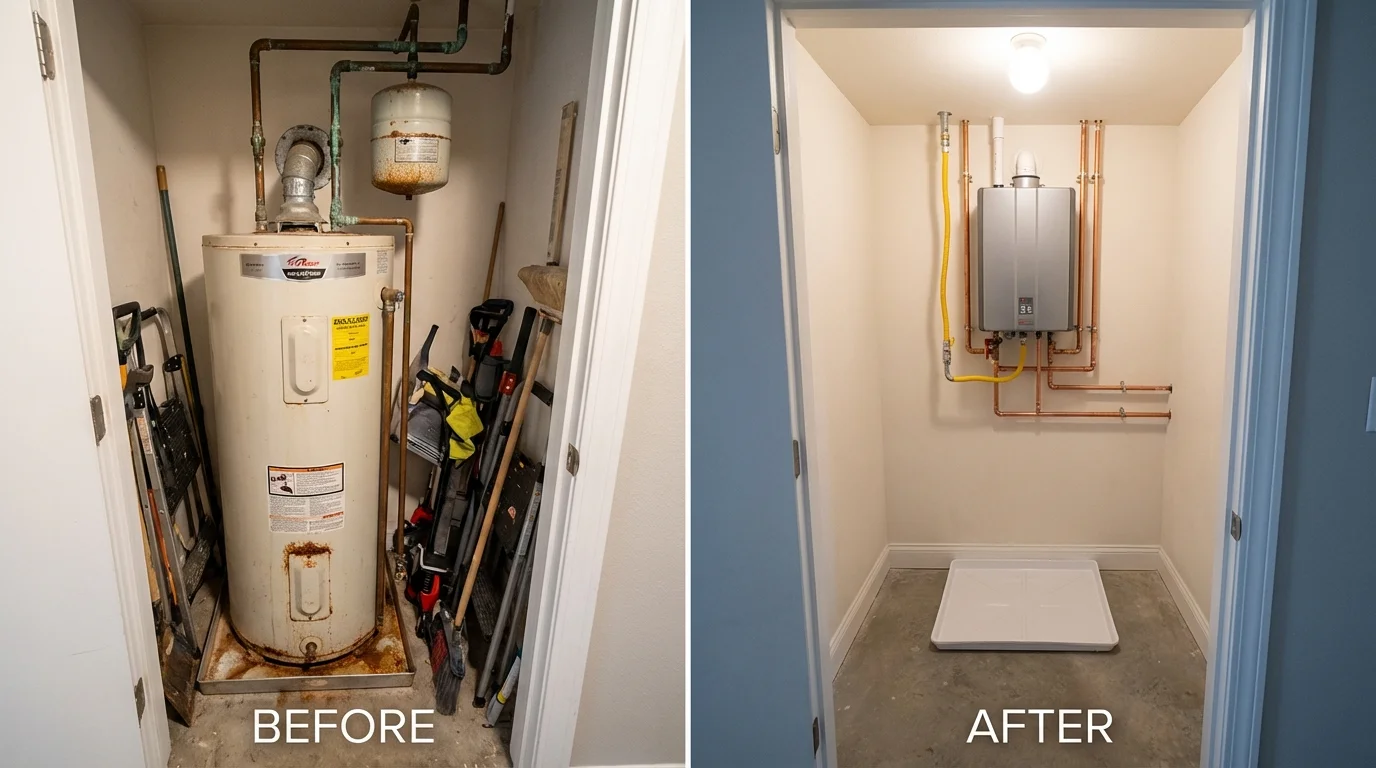 Tank water heater versus wall-mounted tankless unit comparison for Kingman, KS homeowners