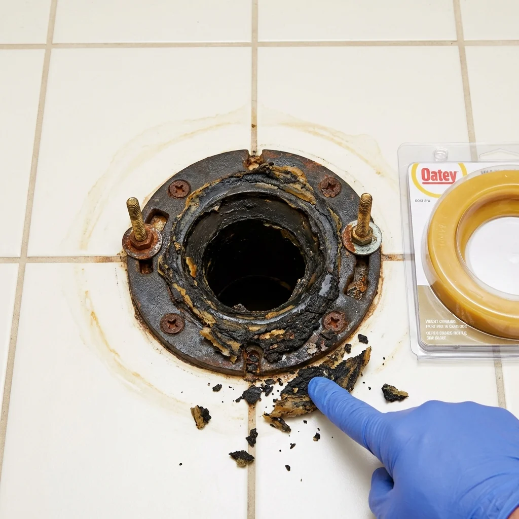 Failed wax ring showing water seepage at the base of a toilet in a Kingman, KS home