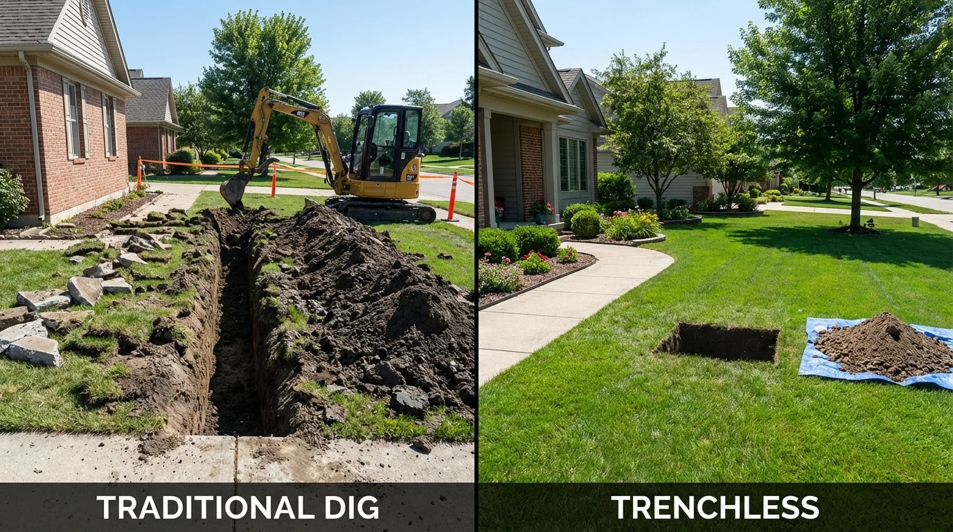Trenchless sewer repair with minimal yard damage versus traditional excavation in Kingman, KS